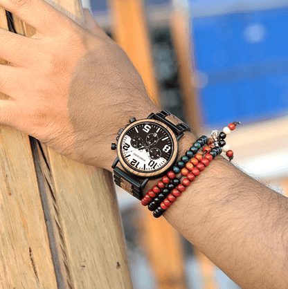 Wooden Stainless Steel Watch Mens Water Resistant Chronograph