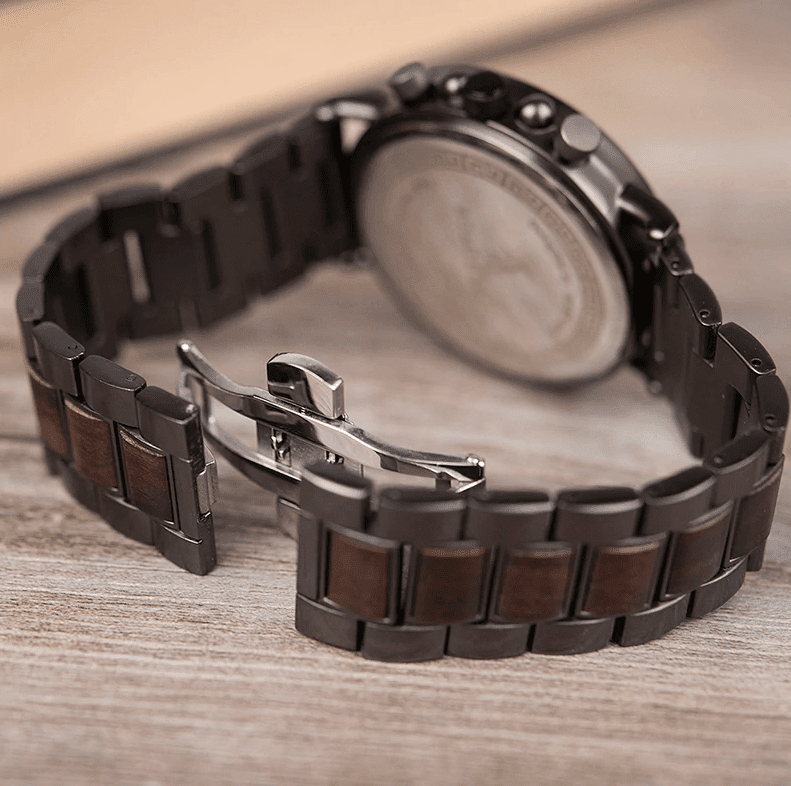 Wooden Stainless Steel Watch Mens Water Resistant Chronograph