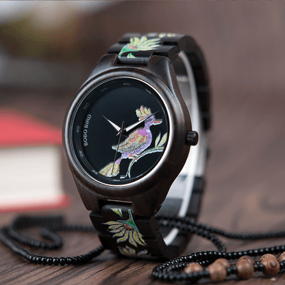 Bamboo Wooden Watch for Women With Embroidered Face