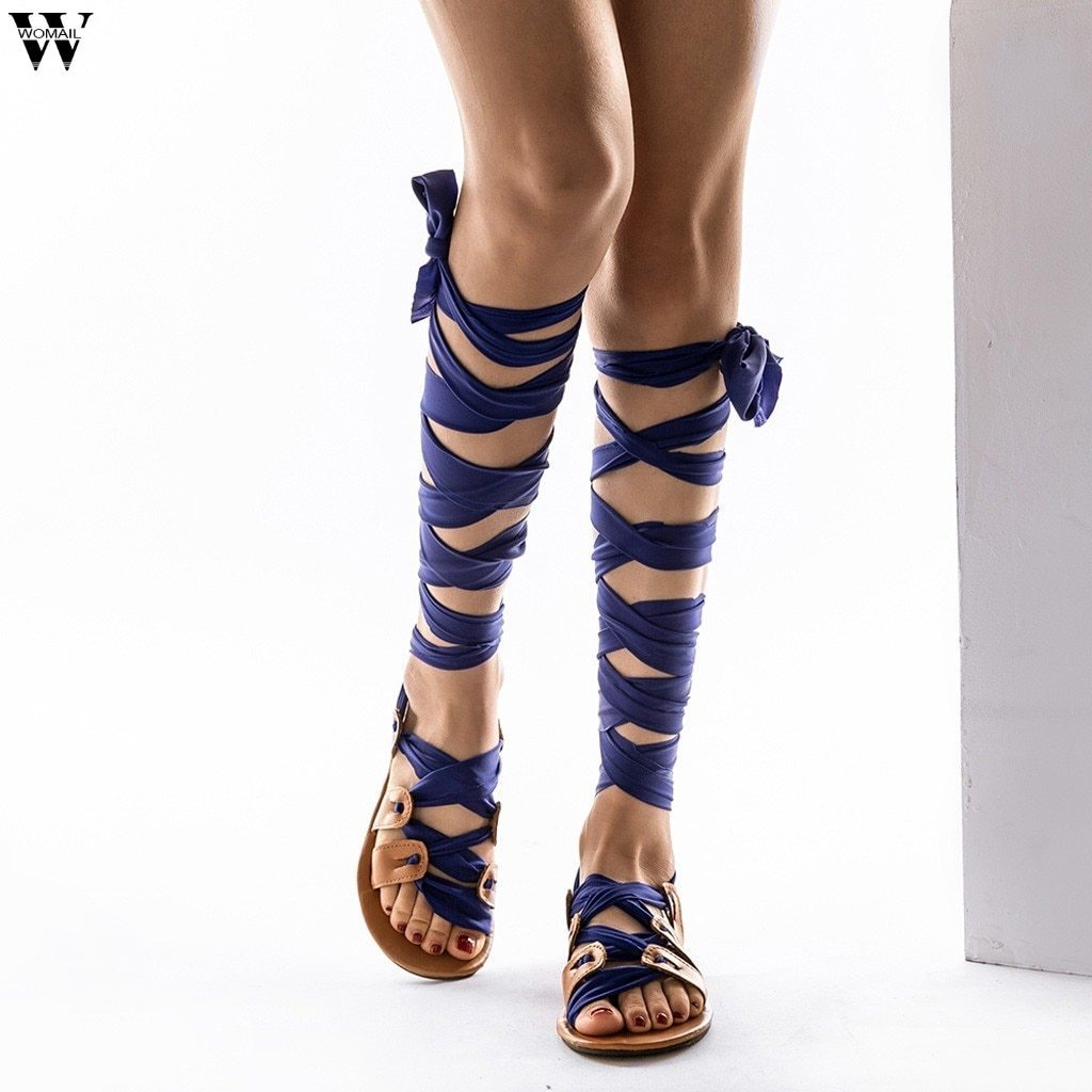 Sexy Rivet Cut-outs Corss Lace Up High Top Women Flat Sandals