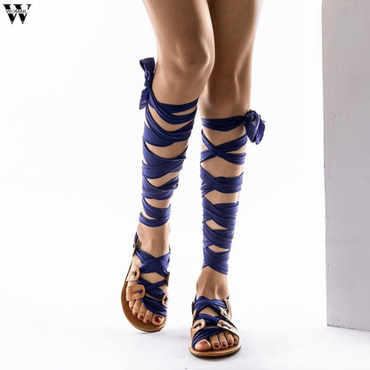 Sexy Rivet Cut-outs Corss Lace Up High Top Women Flat Sandals