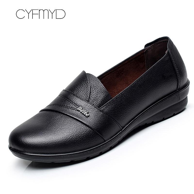 Slip-on loafers flats women shoes genuine leather flats size 35-41 round toe solid black shoes