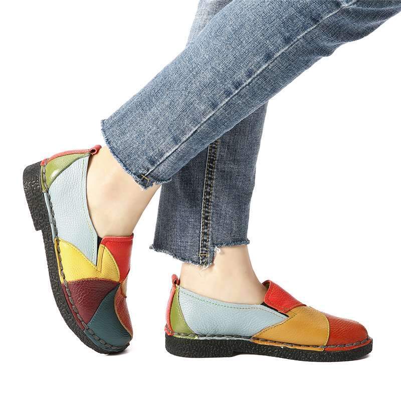 Socofy Vintage Genuine Leather Splicing Loafers Retro Soft Sole Non-slip Flats Shoes