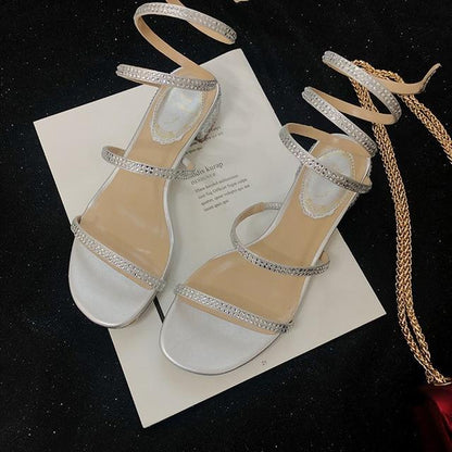 Women Sandals  Fashion Sexy Rhinestone Mid Heel Tied Party Breathable Comfort Shopping Woman Walking Casual Shoes