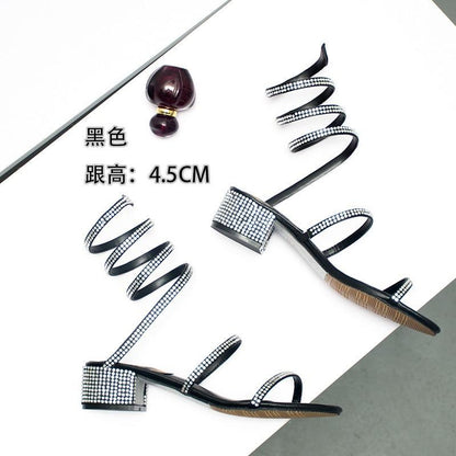 Women Sandals  Fashion Sexy Rhinestone Mid Heel Tied Party Breathable Comfort Shopping Woman Walking Casual Shoes