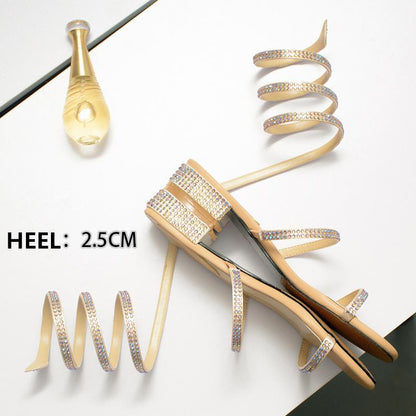 Women Sandals  Fashion Sexy Rhinestone Mid Heel Tied Party Breathable Comfort Shopping Woman Walking Casual Shoes