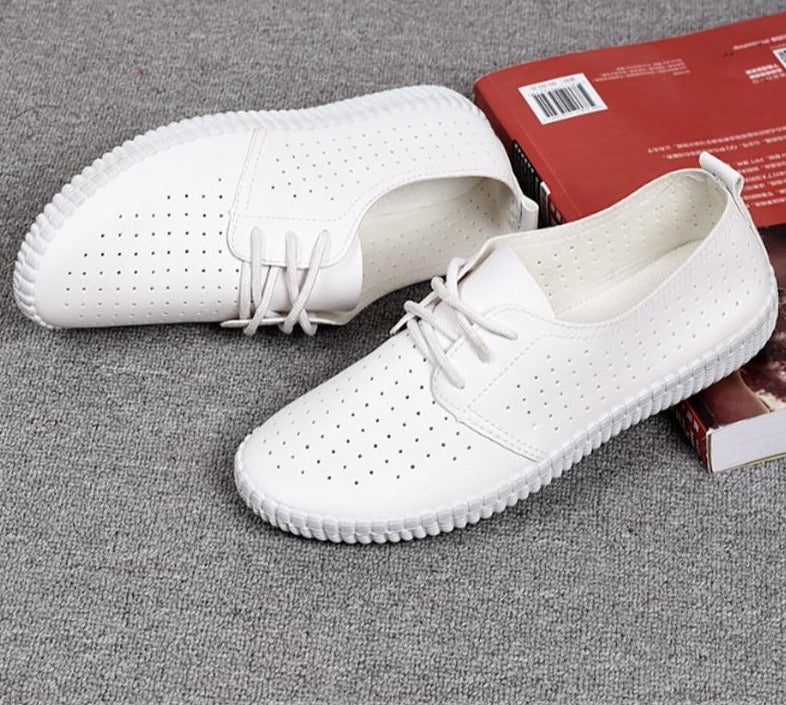 Leather woman shoes casual white tie rubber soft bottom sneakers