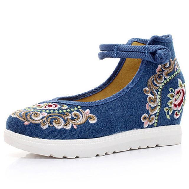 High End Floral Embroidered Women Canvas Flat Platforms Mid Top Ankle Strap shoes