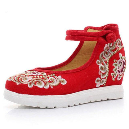 High End Floral Embroidered Women Canvas Flat Platforms Mid Top Ankle Strap shoes