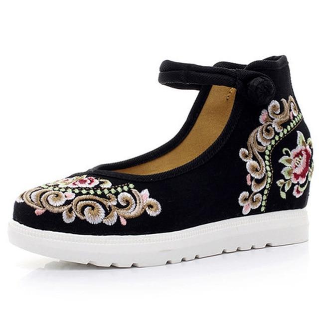 High End Floral Embroidered Women Canvas Flat Platforms Mid Top Ankle Strap shoes