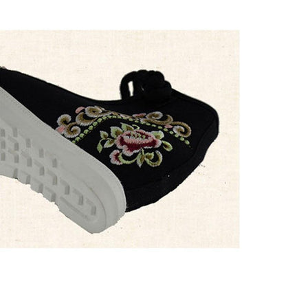 High End Floral Embroidered Women Canvas Flat Platforms Mid Top Ankle Strap shoes
