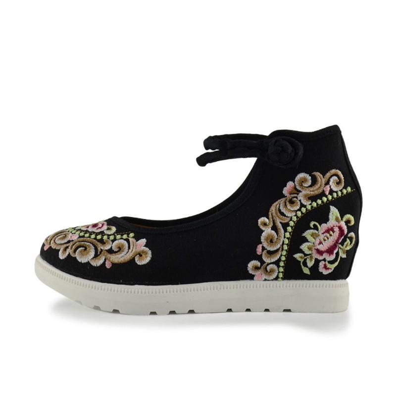 High End Floral Embroidered Women Canvas Flat Platforms Mid Top Ankle Strap shoes
