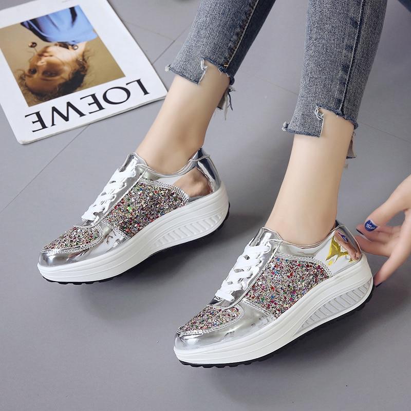 Platform Glitter Sneakers Silver Loafers