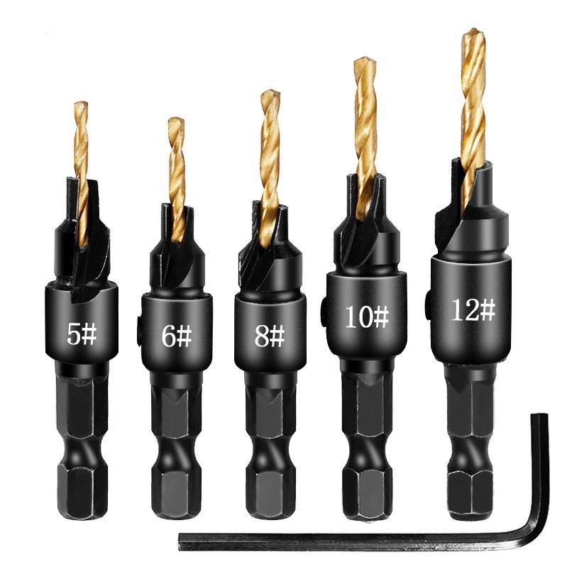 Greatest 5pcs Countersink Drill Woodworking Drill Bit Set Drilling Pilot Holes For Screw Sizes #5 #6 #8 #10 #12