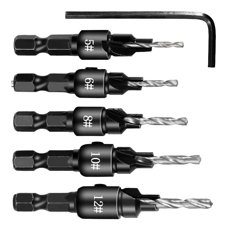 Greatest 5pcs Countersink Drill Woodworking Drill Bit Set Drilling Pilot Holes For Screw Sizes #5 #6 #8 #10 #12