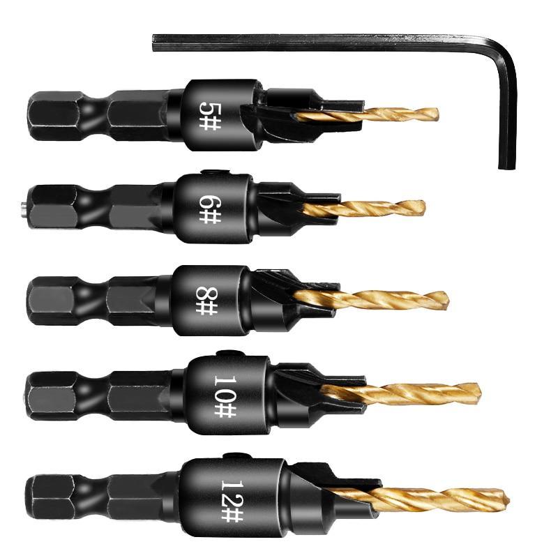 Greatest 5pcs Countersink Drill Woodworking Drill Bit Set Drilling Pilot Holes For Screw Sizes #5 #6 #8 #10 #12