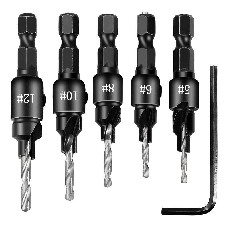 Greatest 5pcs Countersink Drill Woodworking Drill Bit Set Drilling Pilot Holes For Screw Sizes #5 #6 #8 #10 #12