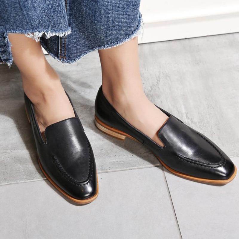 New Arrival Genuine Leather Women Flats Slip On Square Toe Sewing Footwear