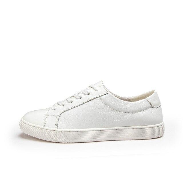 Genuine Leather Women Flats White Soft Soled Pointed Toy Preppy Style Lace Up shoes