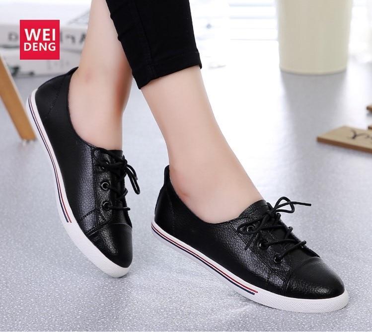 Genuine Leather Women Flats White Soft Soled Pointed Toy Preppy Style Lace Up shoes