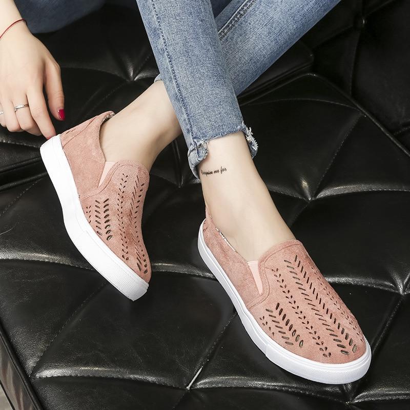 Women Cut-outs Elastic Band Shoes Female Flock Slip-on Shallow Breathable Flat Casual Shoes