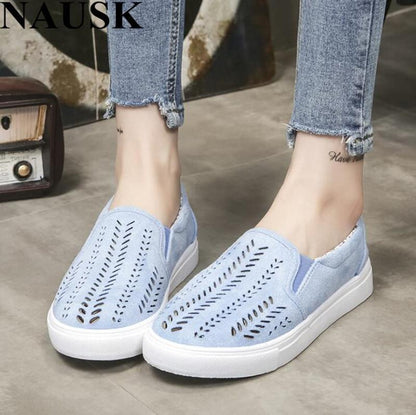 Women Cut-outs Elastic Band Shoes Female Flock Slip-on Shallow Breathable Flat Casual Shoes