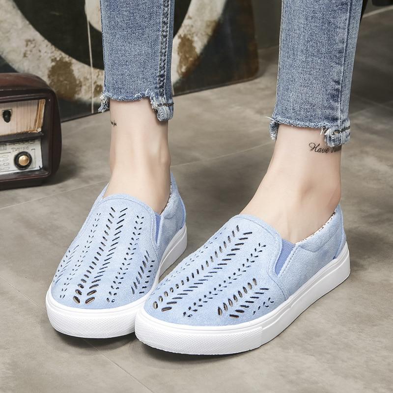 Women Cut-outs Elastic Band Shoes Female Flock Slip-on Shallow Breathable Flat Casual Shoes