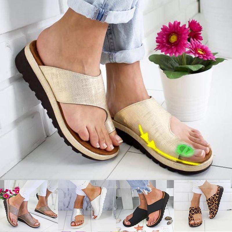 Women  Leather Shoes   Flat Sole Lady Casual Soft  Toe Foot Correction Sandal