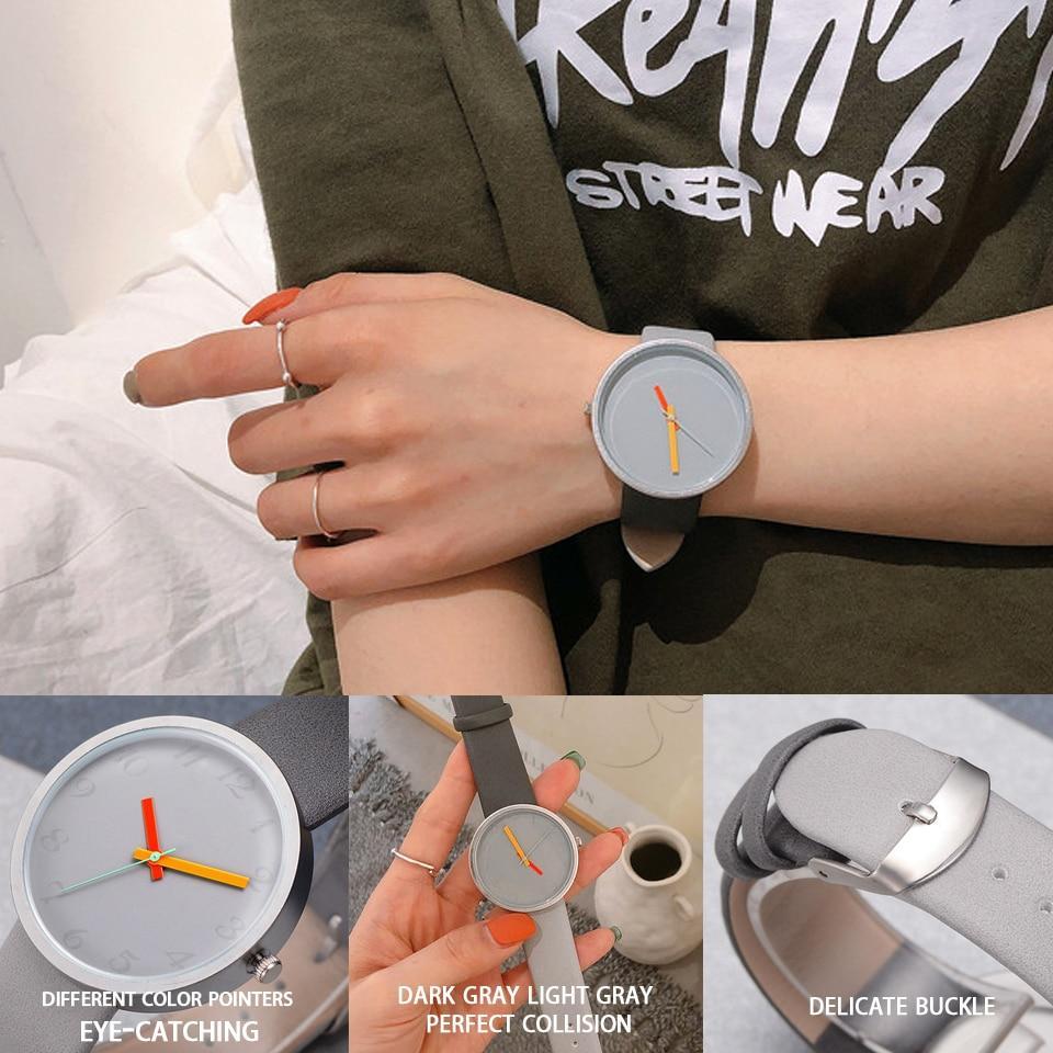 Women Watch Gray Contrast Leather Quartz Watch Women Men Watches Lovers Unisex Casual Ladies Wrist Watch Clock Relogio Feminino