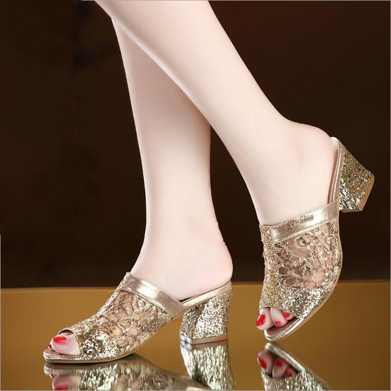 fashion square heel summer lace slippers women sexy Hollow sandals