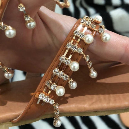 Women sandals  shoes flat pearl sandals comfortable string bead slippers