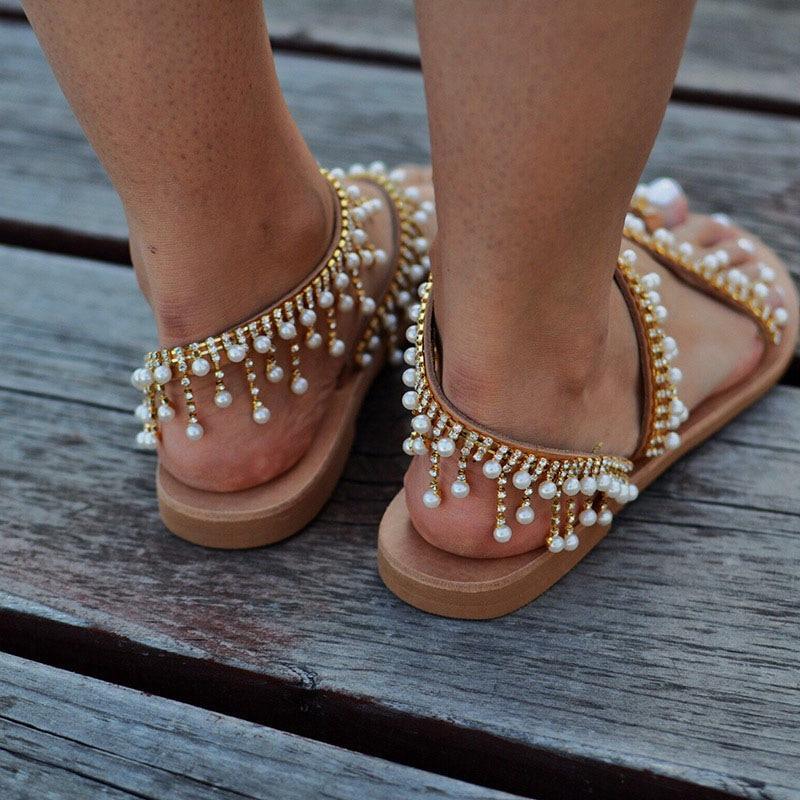 Women sandals  shoes flat pearl sandals comfortable string bead slippers