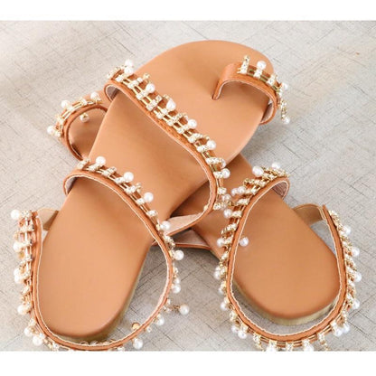 Women sandals  shoes flat pearl sandals comfortable string bead slippers
