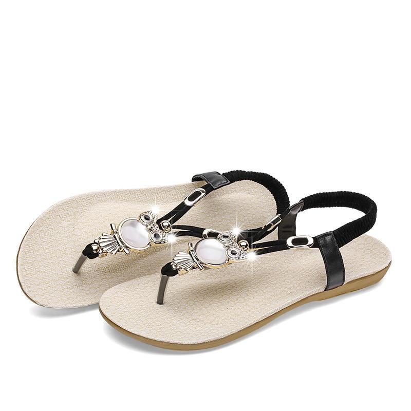 fashion women sandals elastic t-strap bohemia beaded owl slipper flat sandals