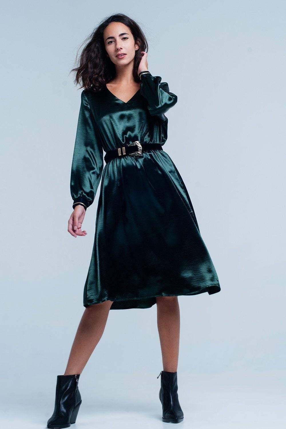 Green Satin party  midi Dress