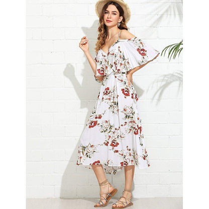 Wrap Front Cold Shoulder Floral Dress