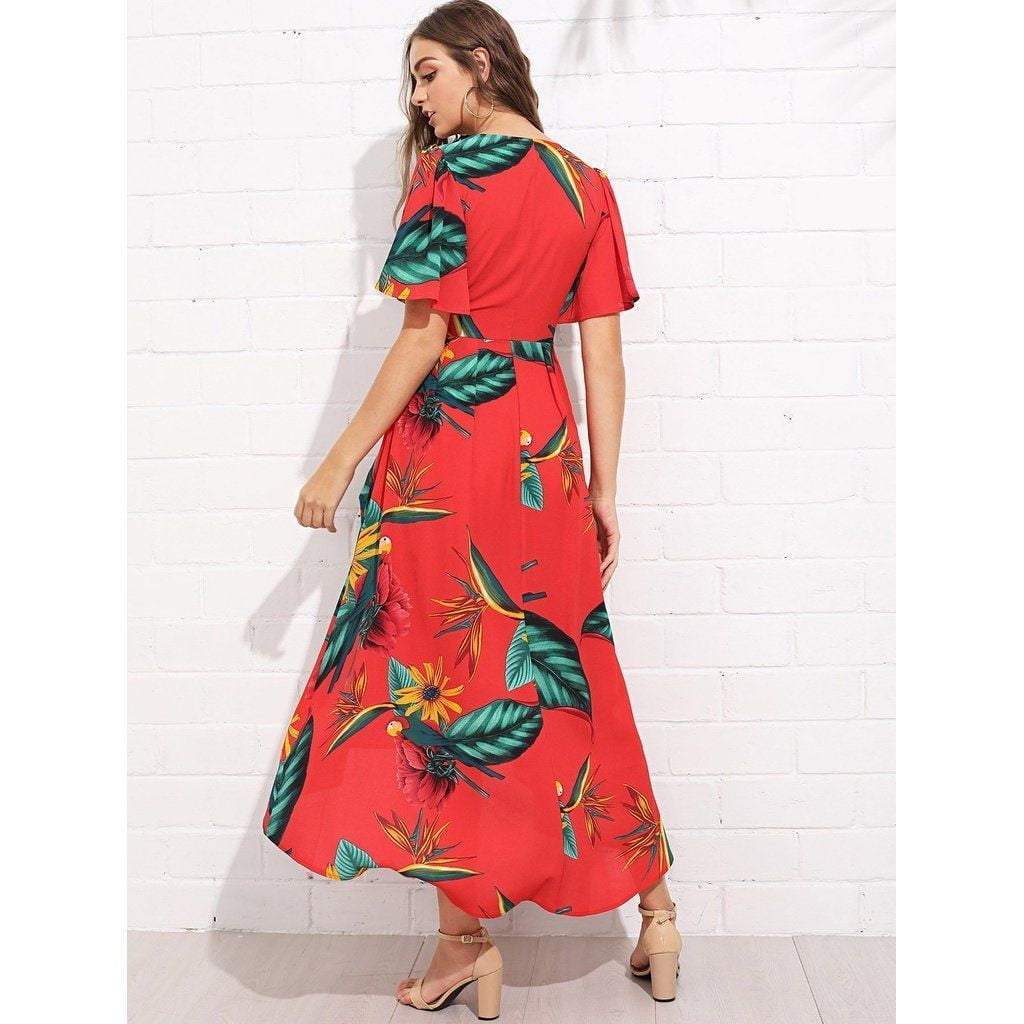 Trumpet Sleeve Surplice Neck Floral Dress