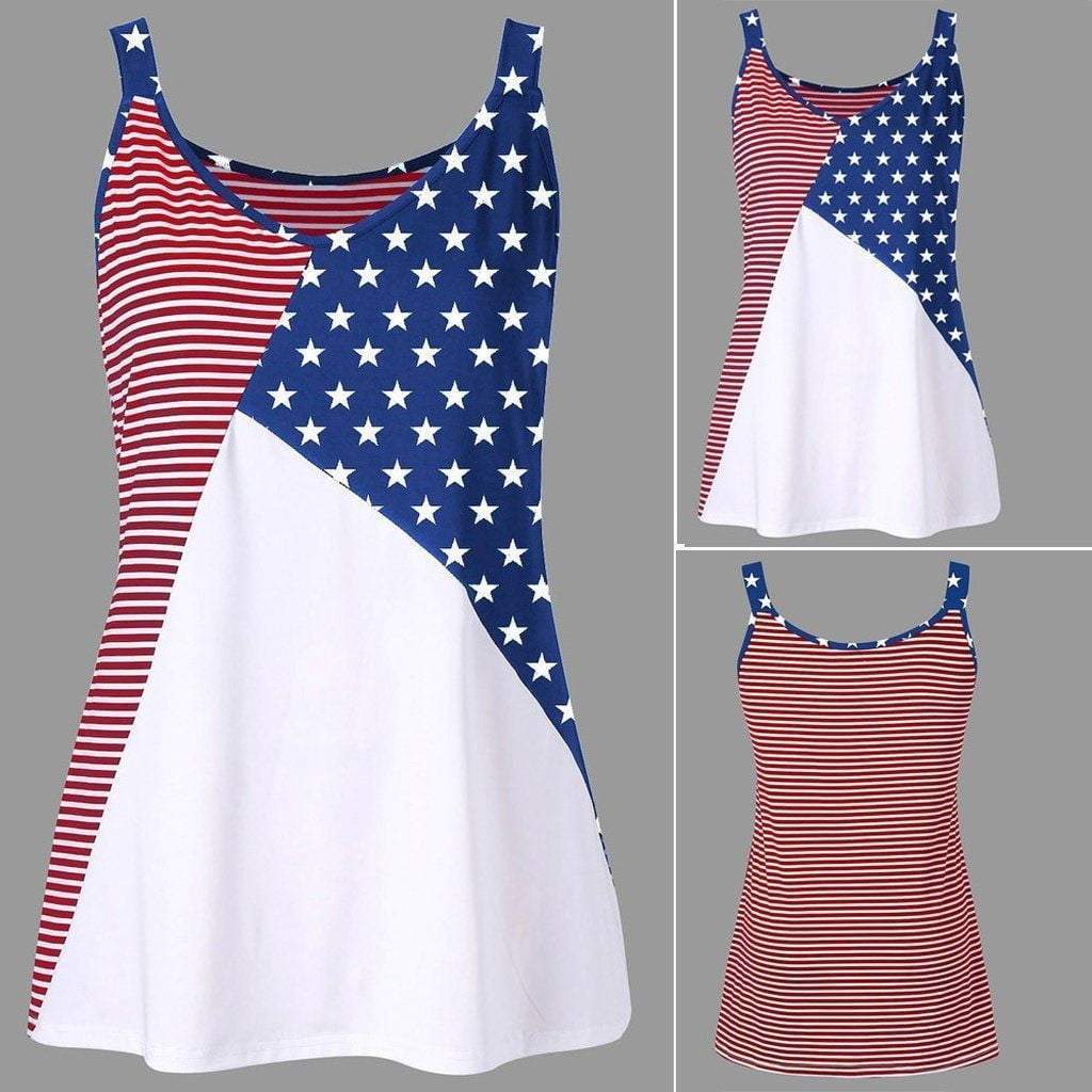 Fashion Women American Flag Print Striped Stars O-Neck Tank Tops Shirt Blouse Independence day