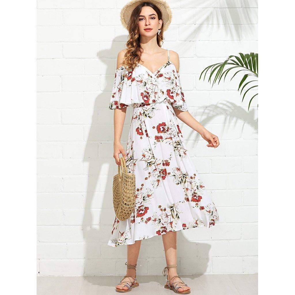 Wrap Front Cold Shoulder Floral Dress