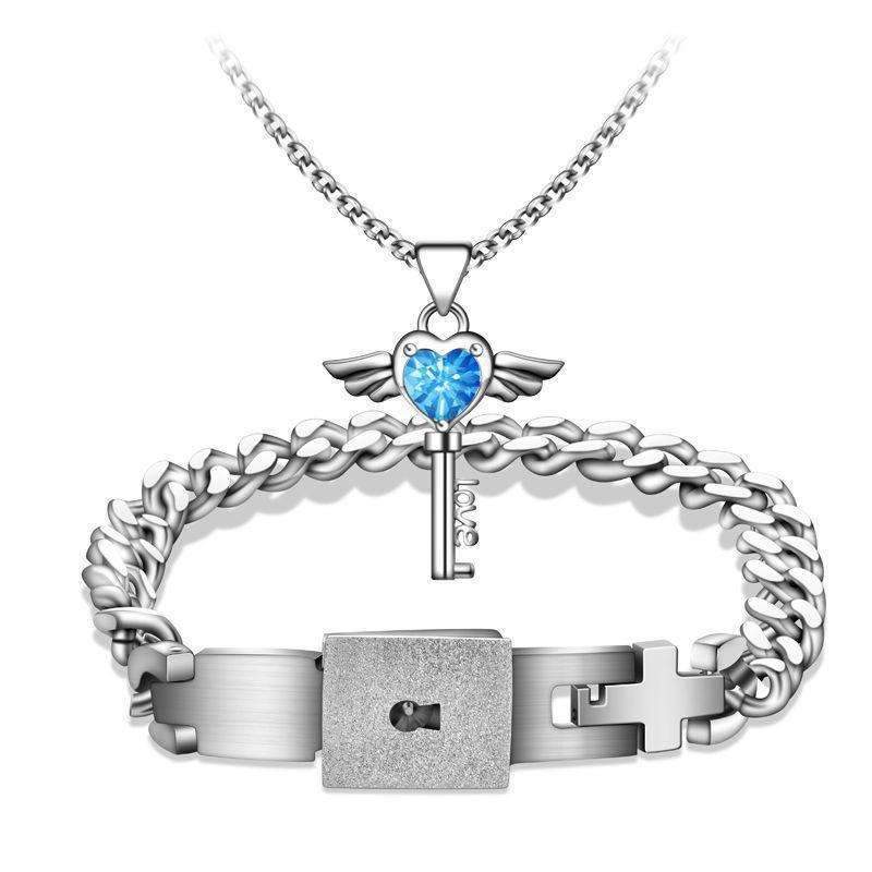 Titanium Men Bracelet & Heart Key Necklace