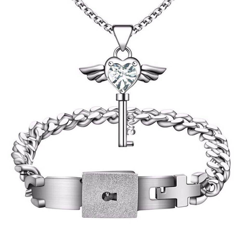 Titanium Men Bracelet & Heart Key Necklace