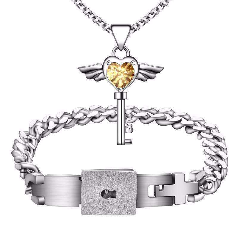 Titanium Men Bracelet & Heart Key Necklace