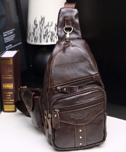 Genuine Leather Chest Sling Back Pack with Rivets