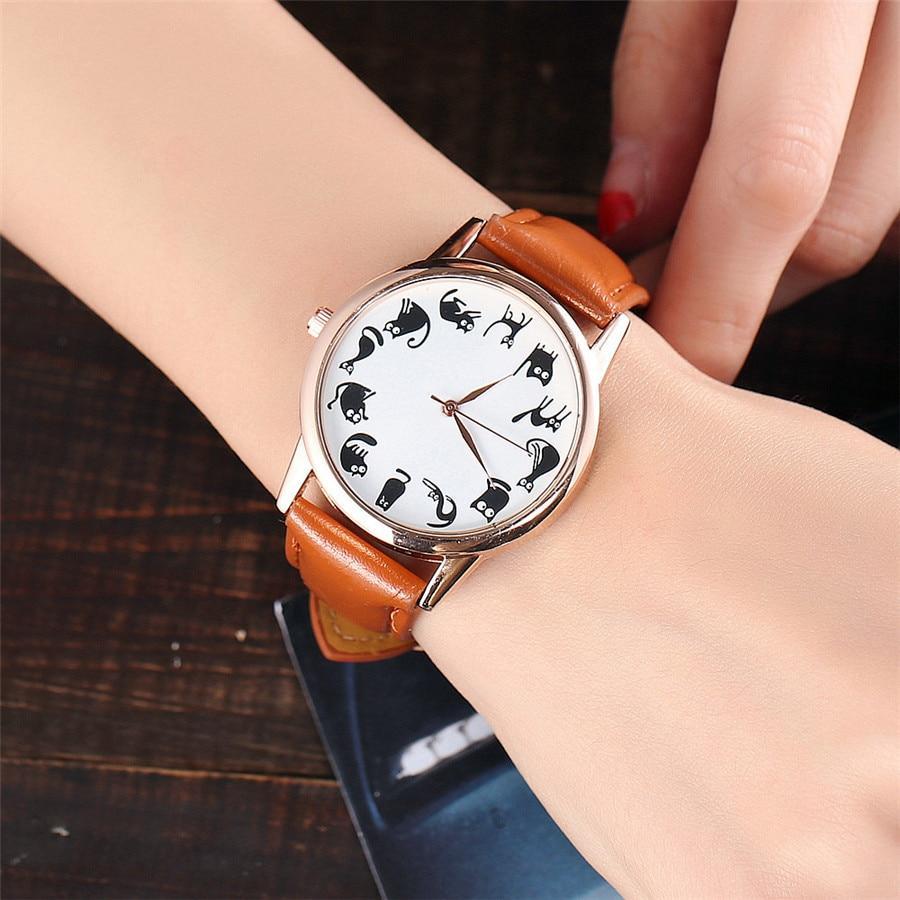 Cute Cat Lover Dial Quartz Vintage Women Watch