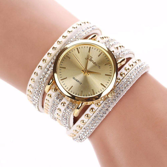 New Arrival Luxury Brand Casual Women's Watches PU Leather Korean Crystal Rivet Bracelet