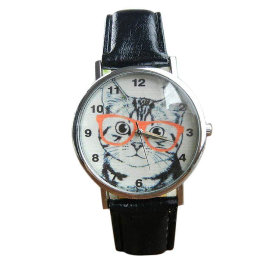 Cute Cat Pattern Women Girl Leather Band Analog Quartz WristWatch