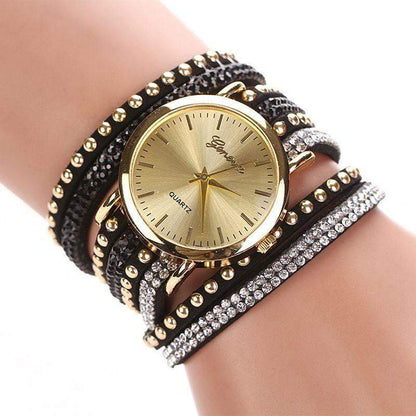 New Arrival Luxury Brand Casual Women's Watches PU Leather Korean Crystal Rivet Bracelet