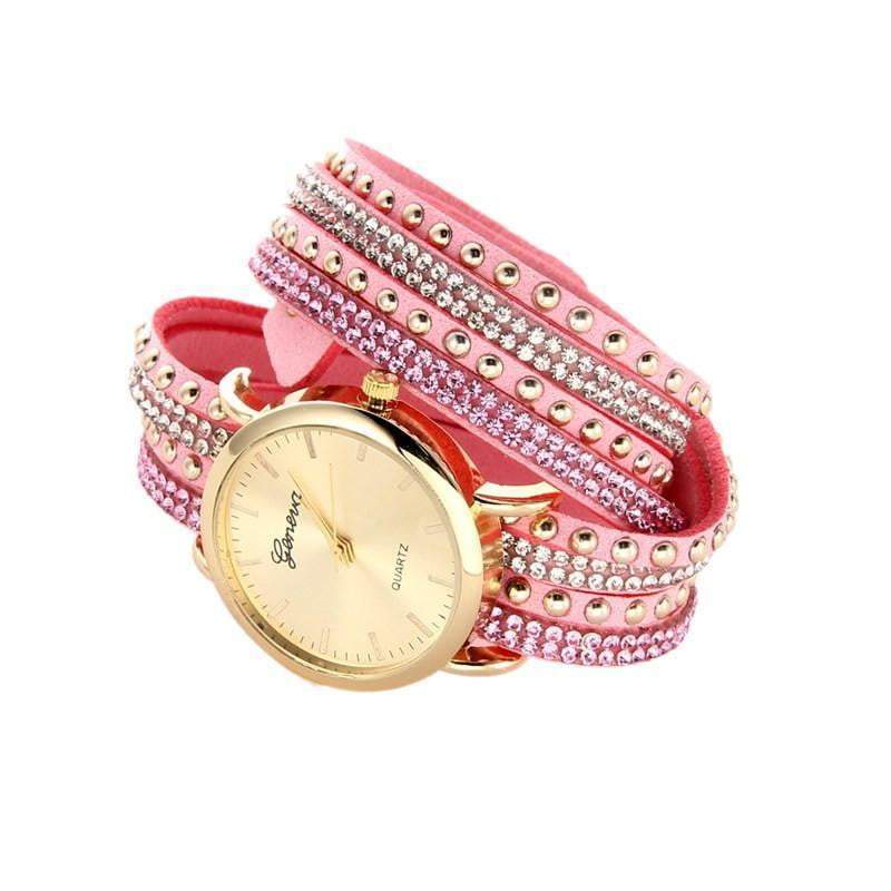 New Arrival Luxury Brand Casual Women's Watches PU Leather Korean Crystal Rivet Bracelet