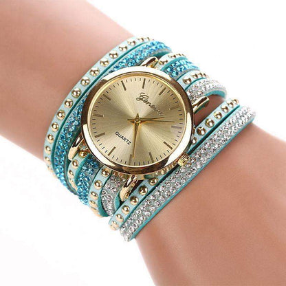 New Arrival Luxury Brand Casual Women's Watches PU Leather Korean Crystal Rivet Bracelet