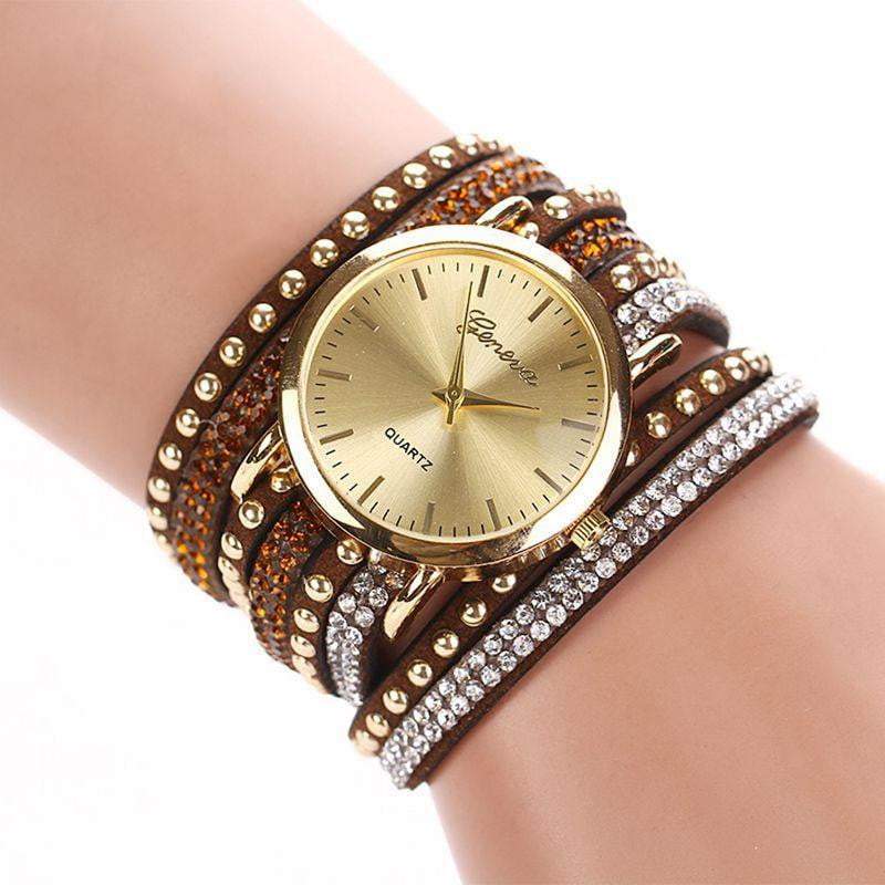New Arrival Luxury Brand Casual Women's Watches PU Leather Korean Crystal Rivet Bracelet